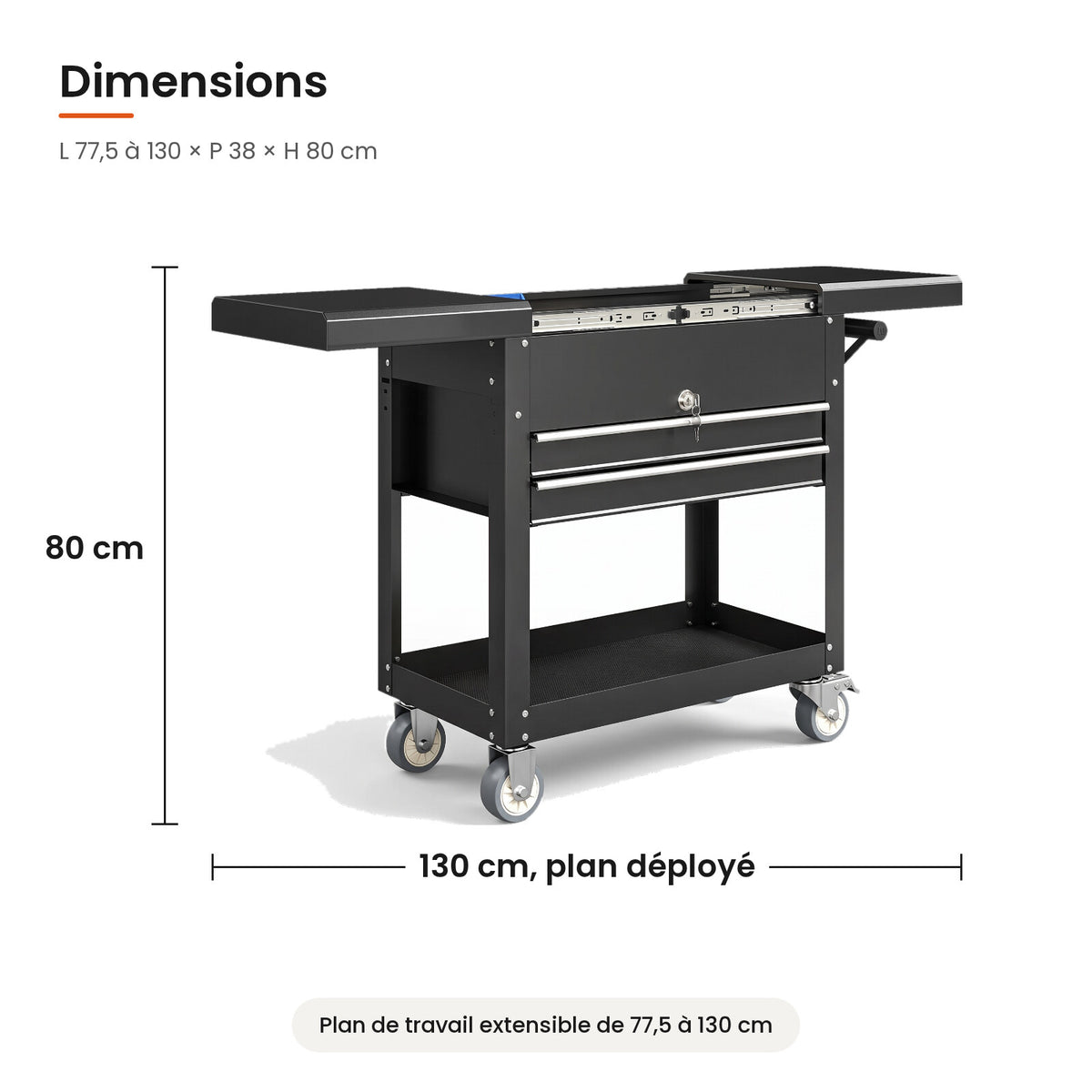 Dimensions de la servante d'atelier avec plan de travail : 77,5 à 130 x 38 x 80 cm